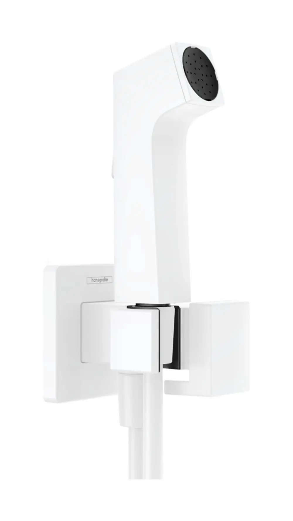 Weißes Bidet-Handbrause-Set mit Halter und 125 cm langem Schlauch. Das Produkt stammt von Hansgrohe und ist für Kaltwasser ausgelegt.